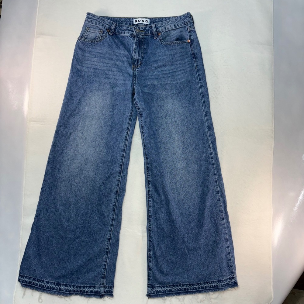 SONG Women Medium Wash Straight‎ Wide Leg Denim Jeans Blue High Rise Classic